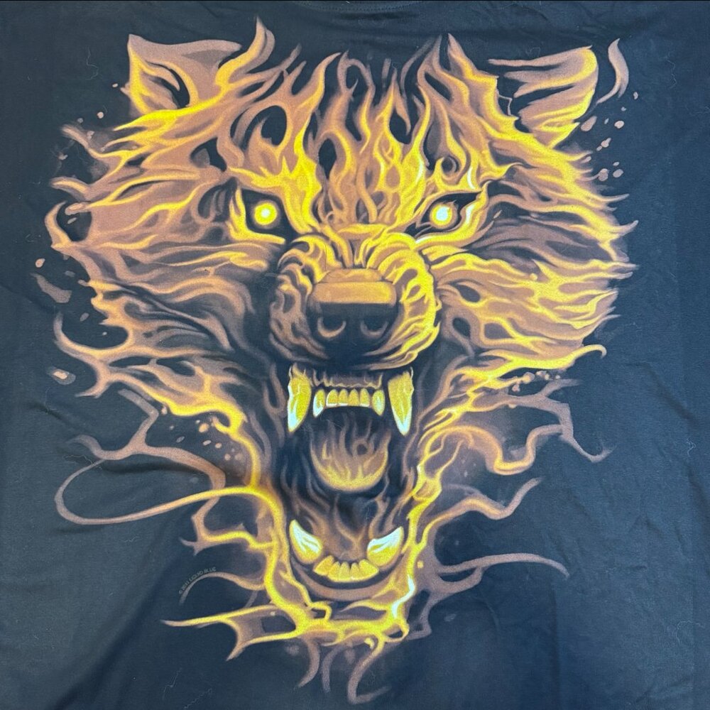 Vintage Y2K Liquid Blueβ Black Flaming Wolf Graphic Short Sleeve T Shirt Men 4XL
